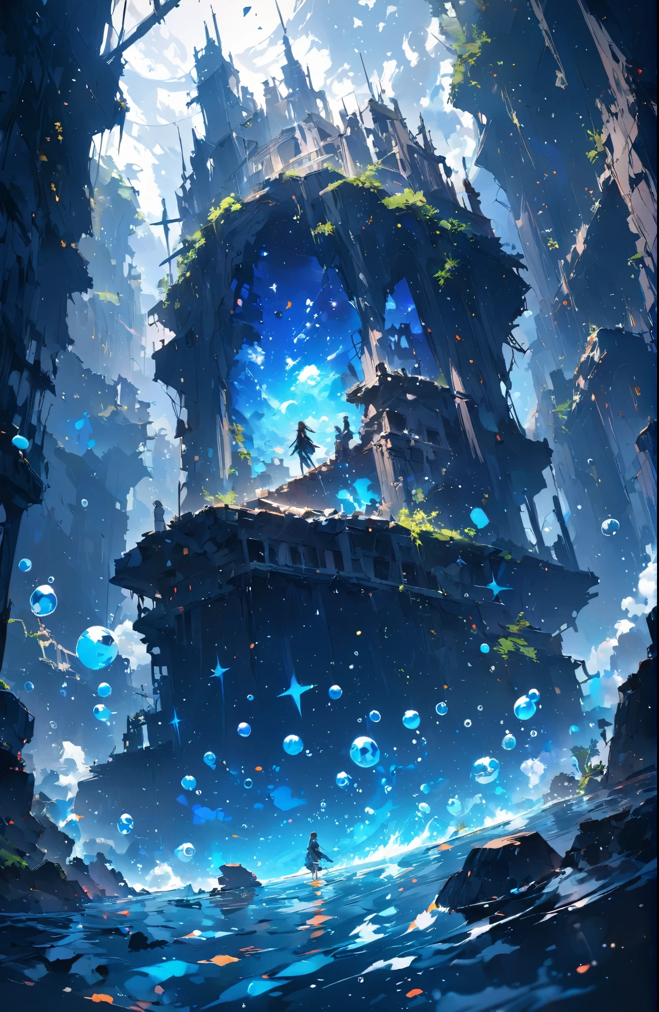 ((Amazingly absurd)),超High resolution, Attention to detail, high quality, High resolution, 最high quality, 4K, 8k、Sunken Ruins、Girl in the water、surrounded by bubbles、A world of deep blue、whole, Artwork in Deep Blue Tones