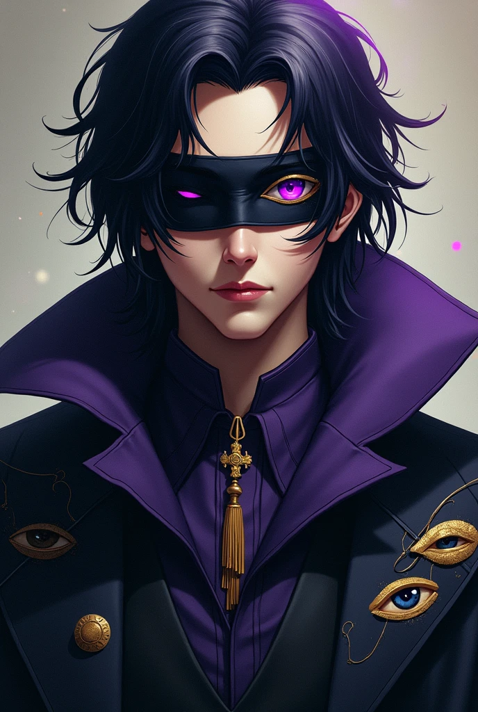 A male wizard with black hair and purple highlights with a blindfold covering his left eye only the left one. On his clothes there are drawing details with eyes.