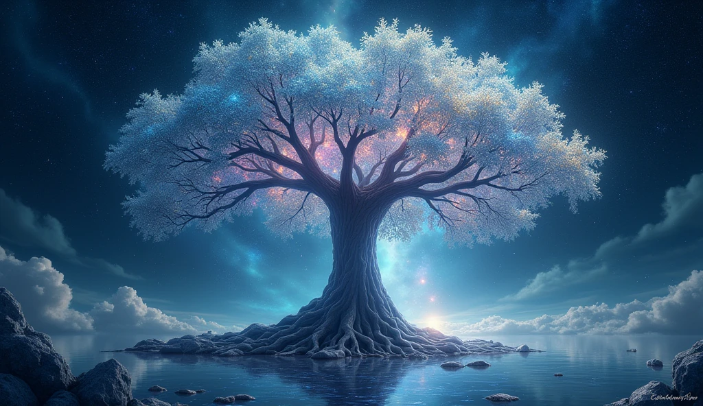 Cosmic tree with branches of light and shadow, leaves made of crystallized thoughts