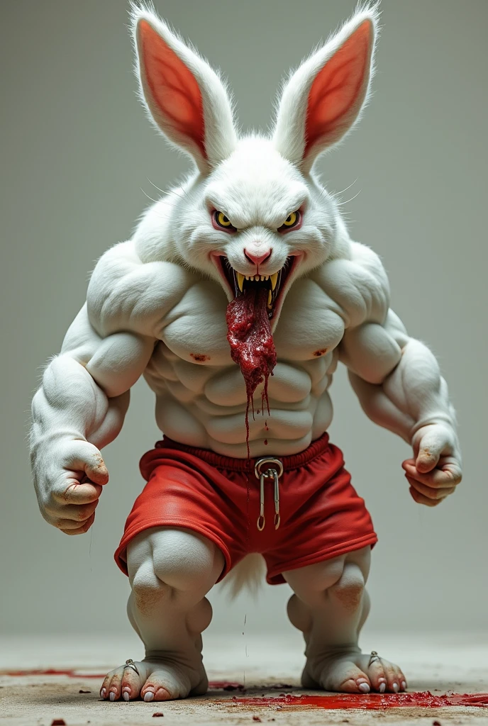 White rabbit muscular strong angry guy wearing red shorts eating alligator meat