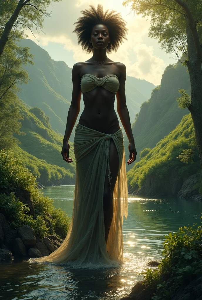 Powerful feminine black Godess without any clothes on showing the bottom of her feet on a beautiful realistic landscape