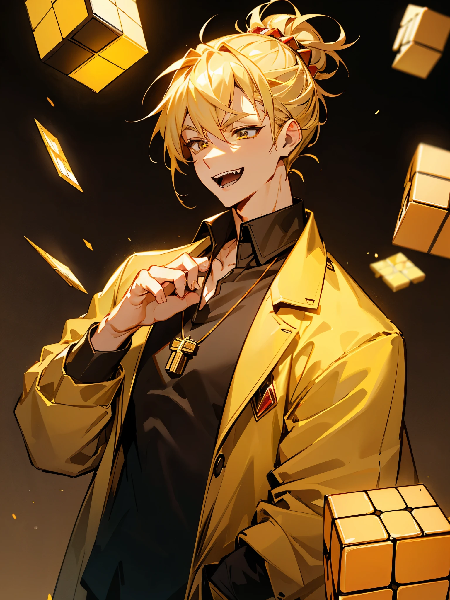 blonde hair, golden eyes, hair tied up into a bun, yellow detailed light from rubiks cube, casual outfit, jacket,, mature male, muscular, joyful expression, yellow rubiks cube, red gem necklace big red gem, red gem on chest, one fanged tooth, upper body, cowboy shot