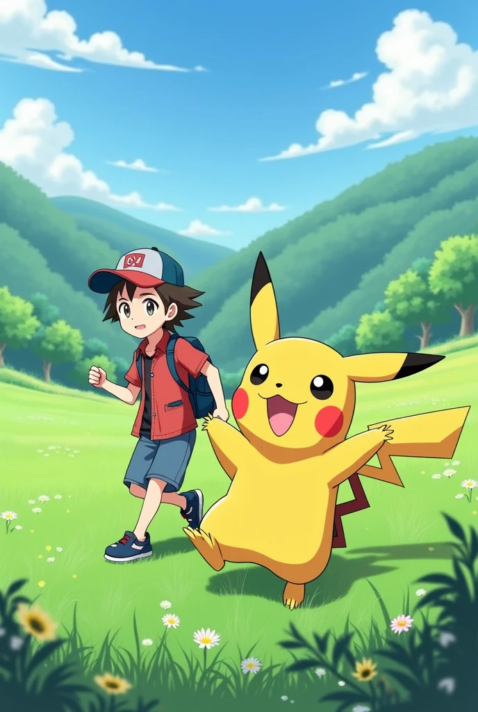 Anime, a Pikachu in a field next to a trainer