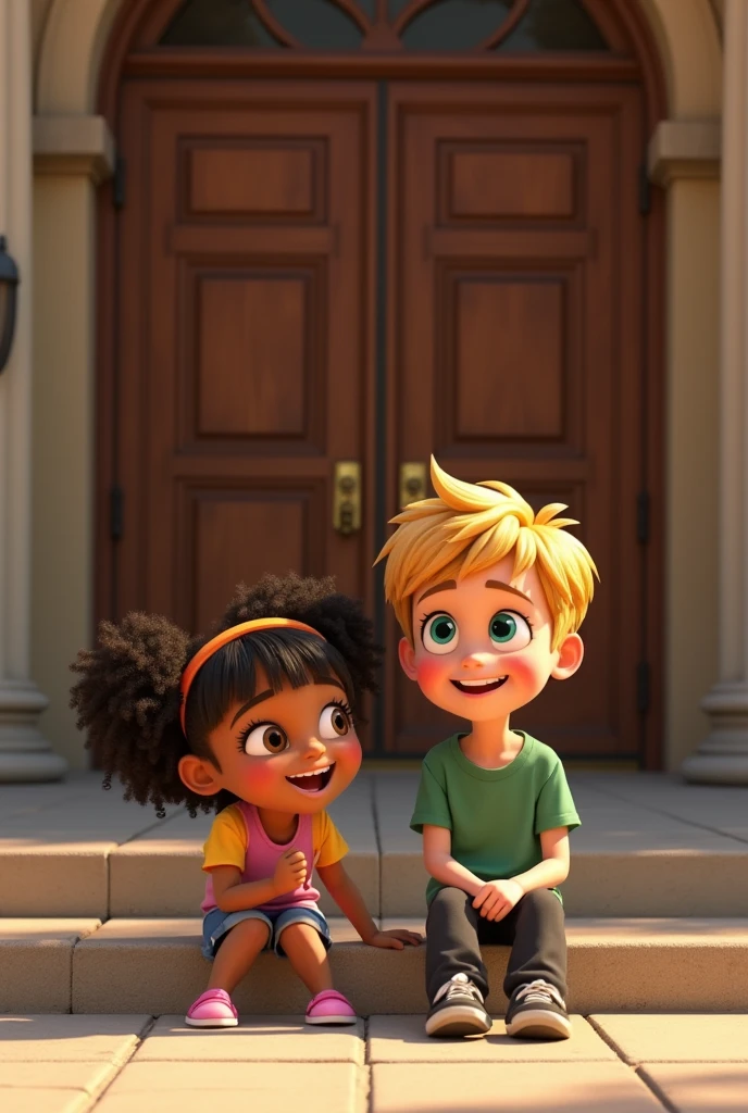 This is a photo of a young girl with almost curly black hair and Dora bangs and brown eyes sitting on a bench in front of a principal's office door at a university with a young man with blond hair and turquoise eyes.. The moment is memorable for the laughter. 2D pixar version