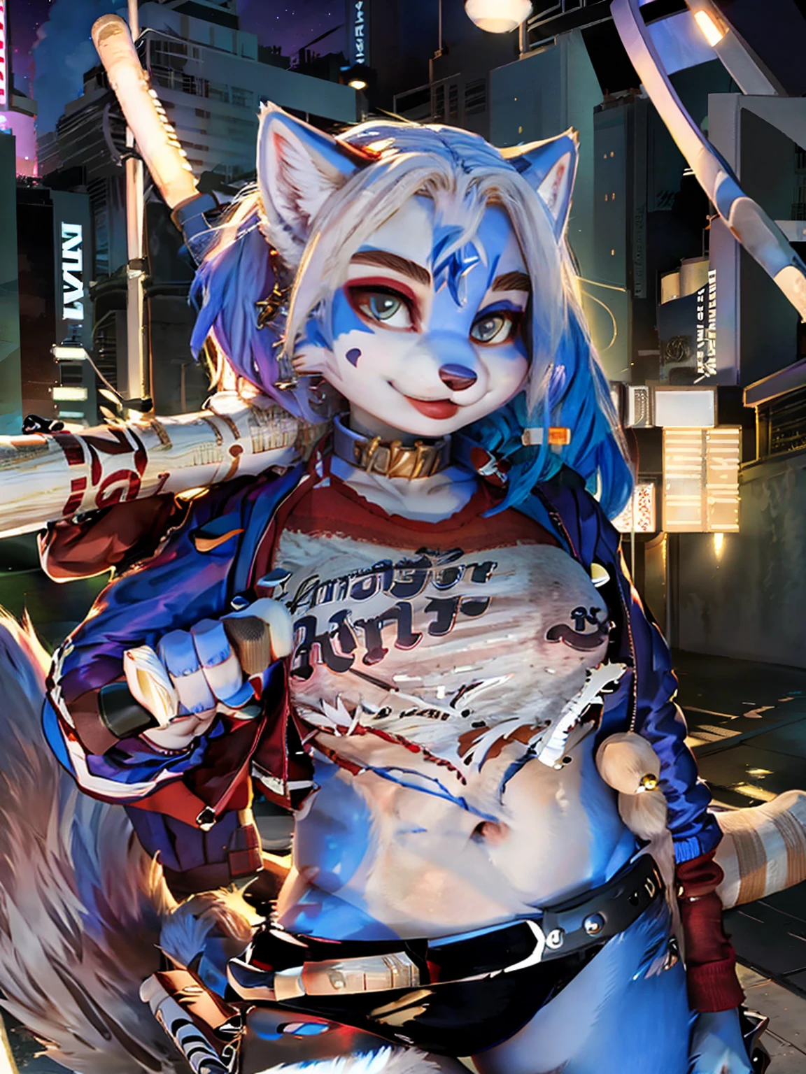A beautiful and detailed (cute portrait) wa ((krystal)), Star Fox krystal, sslim, lovable, green eyes, medium breasts, (((Long blue hair 1.3))), Decollete, anthro, furry, Uploaded E621, detailed fluffy fur, (wa Fluff-Kevlar, Bayard Wu, Pino Daeni), detailed face, (fluffy), 1 girl, alone, sweet girl, hole body, ((( torn t-shirt))), hotpants, leather jacket, (((posing with a baseball bat:1.3)))