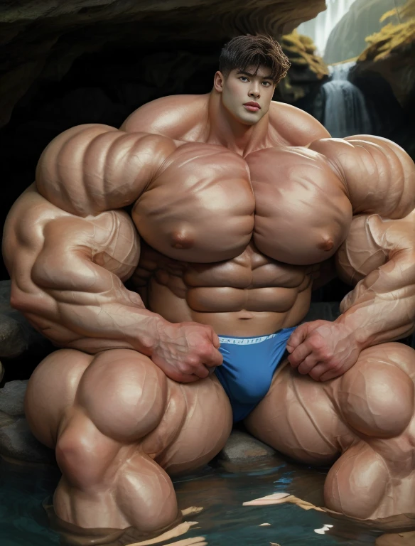 1boy, giant, asian, solo, giant bodybuilder, golden hour, strong body, bulk, large size, seated in any water cave, outdoor, nude, blue triangular underwear with enormous bulge, extraordinary big, brutalmass, giant muscular body, bulk, buff, massive body, large meaty body size, extremely wide body, tallest body