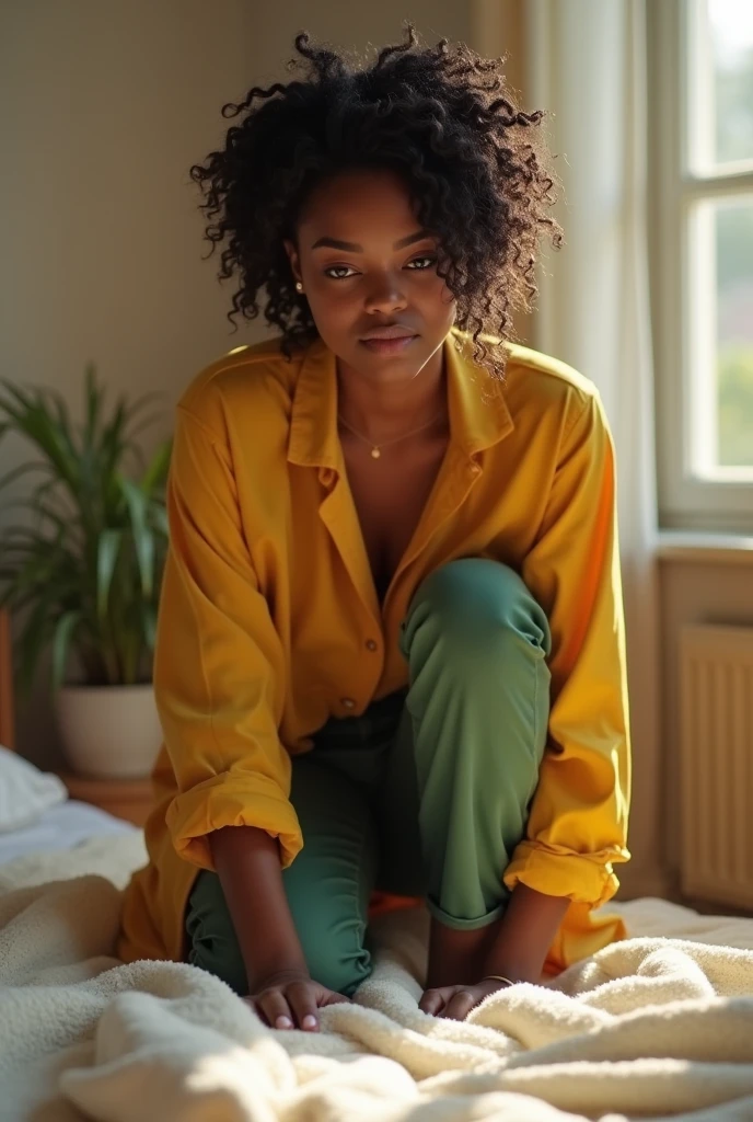create a realistic image of a beautiful 1 black girl, her name is Anny(short curly hair, brown dark eyes, turned legs, long yellow women's shirt, green jeans, bent at the bar), she is on her knees and legs together on the floor at the front of the bed in her room, Head a little down, eyes locked, hands together on the legs, sharp image with brightness