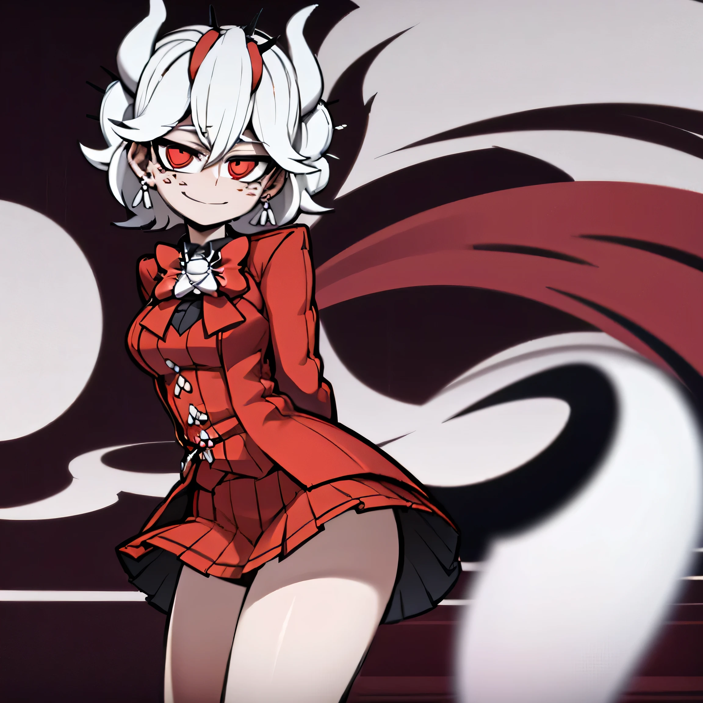 beelzebub(helltaker), red bowtie,1girl, looking at viewer, red eyes, demon horns, white hair, smile, earrings, closed mouth, demon girl, red gloves, gloves, jewelry, horns, white horns, solo, hair between eyes, cowboy shot, solo, short hair, school uniform, skirt, standing, leaning forward, arms behind back, smile, classroom