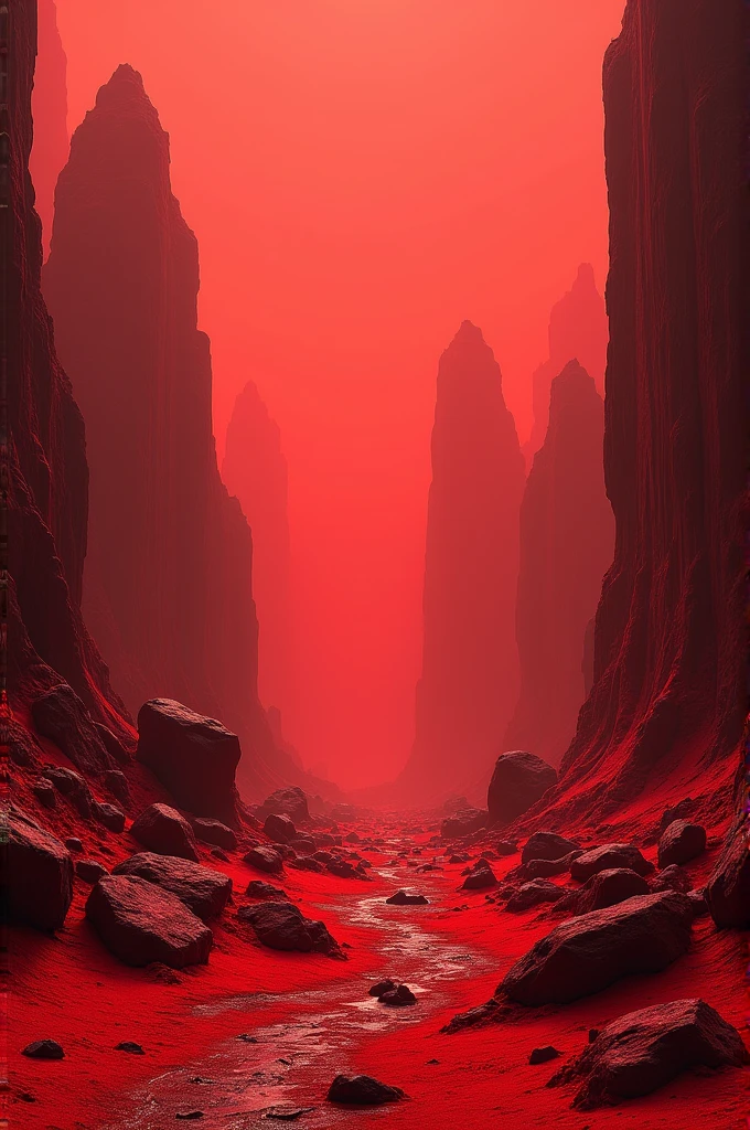 Create a landscape with completely red tones