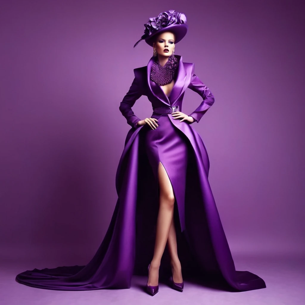beautiful sexy woman, beautiful avant-garde style, full length , Beautiful purple clothes , Accessories