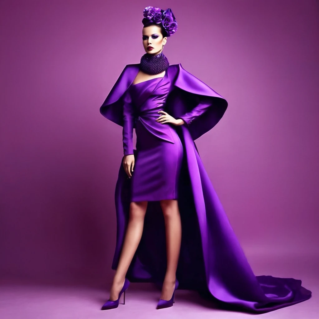 beautiful sexy woman, beautiful avant-garde style, full length , Beautiful purple clothes , Accessories
