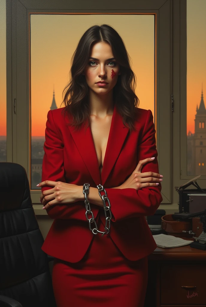 balalaica, masterpiece, Best Quality, absurdities, 1 girl, looking at the viewer, inside, Office, Sunset, Serious, Crossed arms, chair, Session, Red suit, tube skirt, shackles, (burn scar:1.5), mole under the eye, Upper part of the body