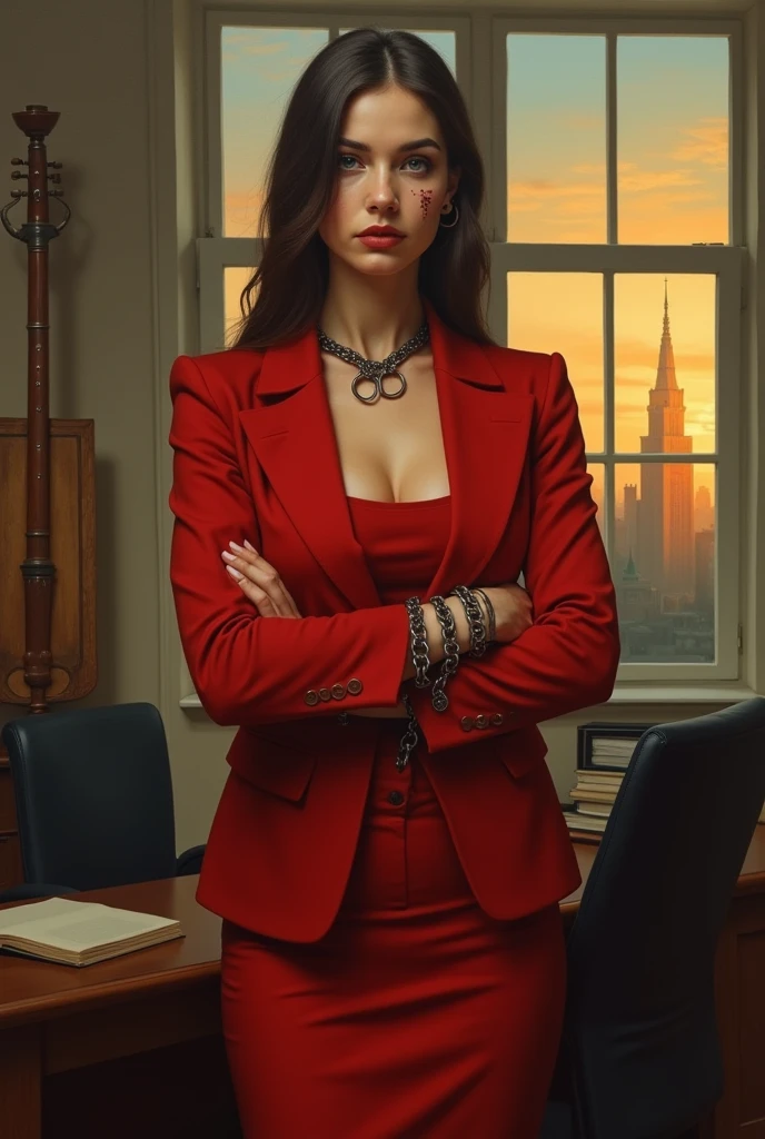 balalaica, masterpiece, Best Quality, absurdities, 1 girl, looking at the viewer, inside, Office, Sunset, Serious, Crossed arms, chair, Session, Red suit, tube skirt, shackles, (burn scar:1.5), mole under the eye, Upper part of the body