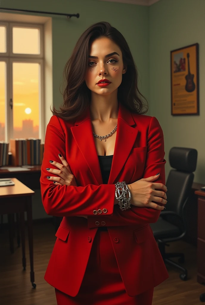 balalaica, masterpiece, Best Quality, absurdities, 1 girl, looking at the viewer, inside, Office, Sunset, Serious, Crossed arms, chair, Session, Red suit, tube skirt, shackles, (burn scar:1.5), mole under the eye, Upper part of the body