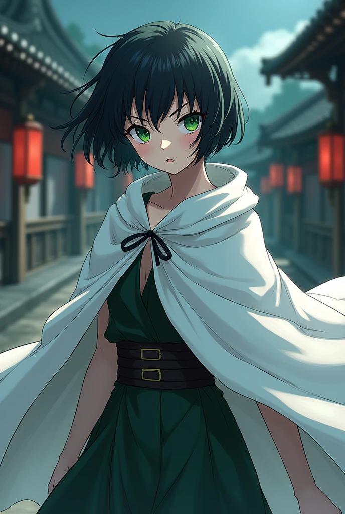 Kimestu no yaiba style female character with light skin , short black hair color , with green eyes and white cape