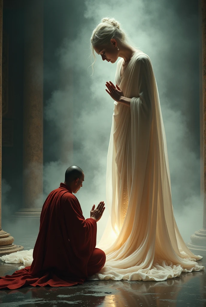 Close-up of perfect feet of a Godess being worshipped by a tibetan monk