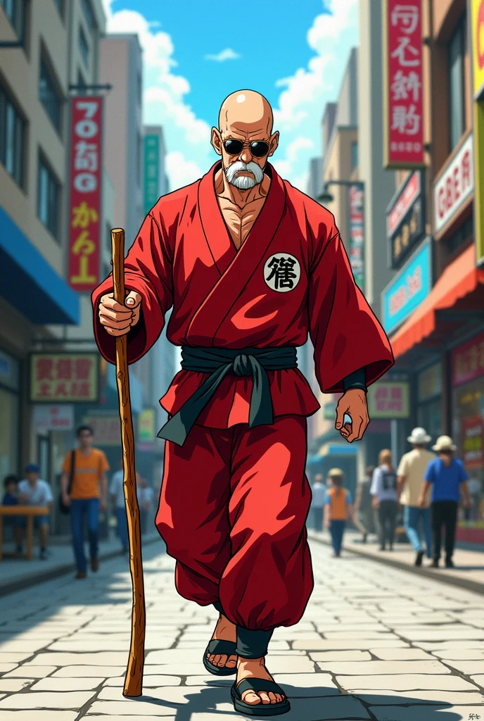 Master Roshi looking at the ground while walking down a street