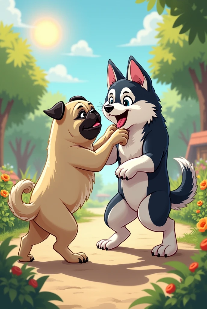 Create a detailed drawing of a pug and a husky dog playing and fighting