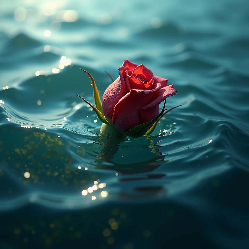 a withering rosebud sinking into the ocean, close up