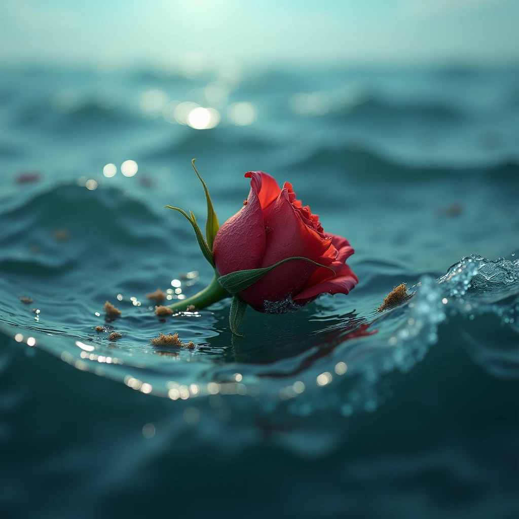 a withering rosebud sinking into the ocean, close up