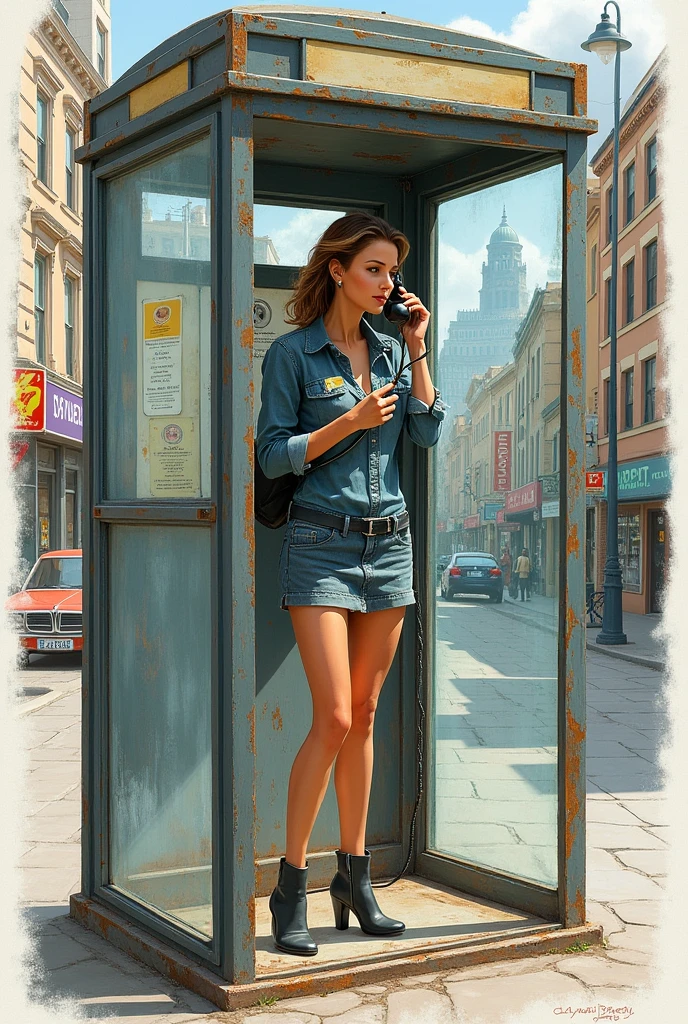 drawn in the form of a colored drawing, view of a woman inside a telephone booth