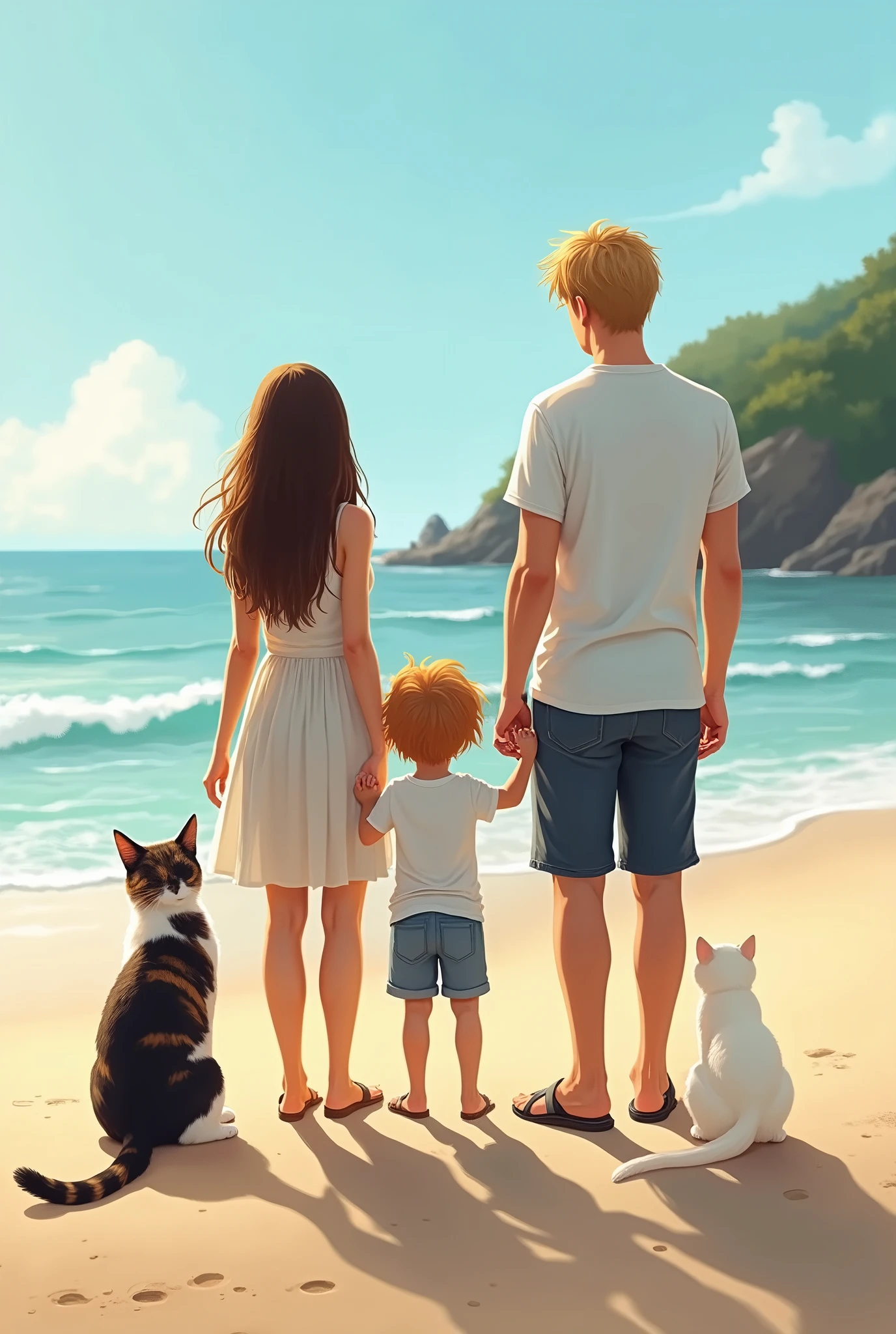 One with light brown hair stands in the middle, to the right a mom with black hair, to the left a dad with blonde hair. Next to the mother sits a black and white, brown tabby cat and next to the dad a white cat. All can be seen on the beach, but only from behind."