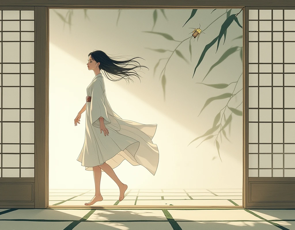 Femme qui marche sur le mur dans une pièce de style japonaise