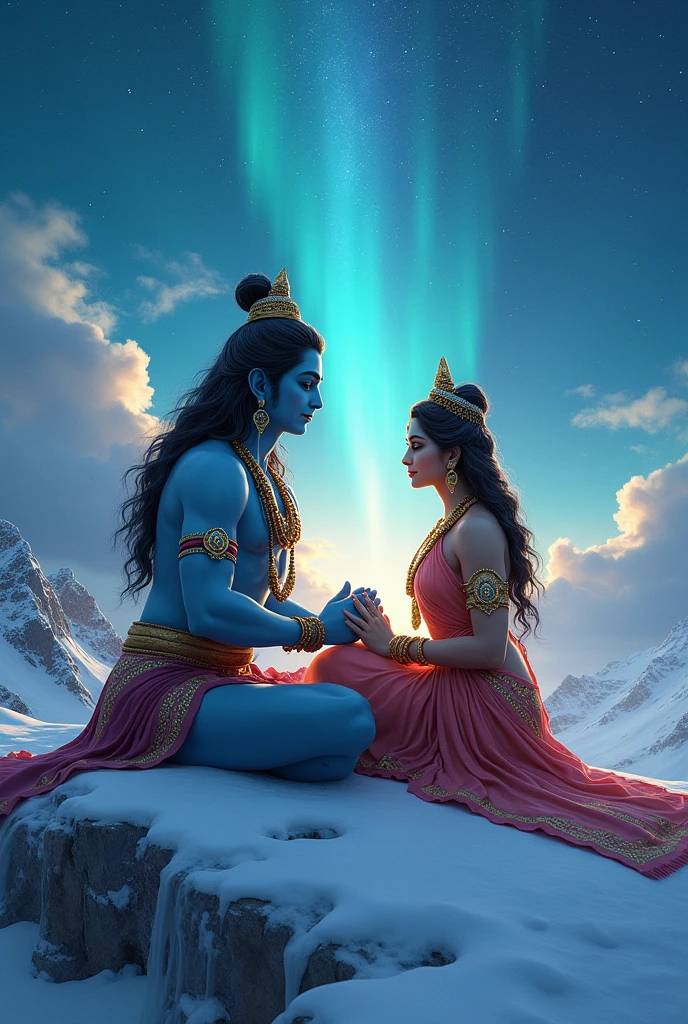 Generate a picture of mahadev and parvati sitting and holding hands on a snowy mountain under starry northen lights.