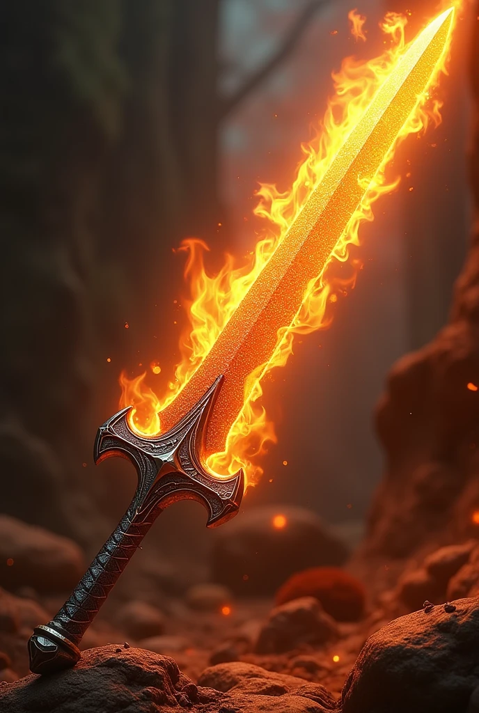 double-bladed fire sword with flaming blade and dragon scale handle