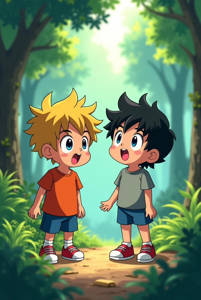 .The boys' eyes widen in amazement as they gaze at the treasurein forest.Anime styles 1 boy have golden hair and one have black hairs the golden hair boy wear an orange t-shirt and blue shorts and the black hair boy wear a grey shirt and blue shorts and both wear red and white shoes