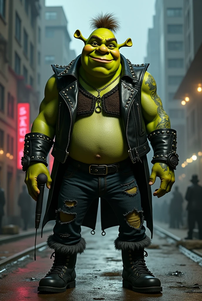 Shrek dressed as a metal singer