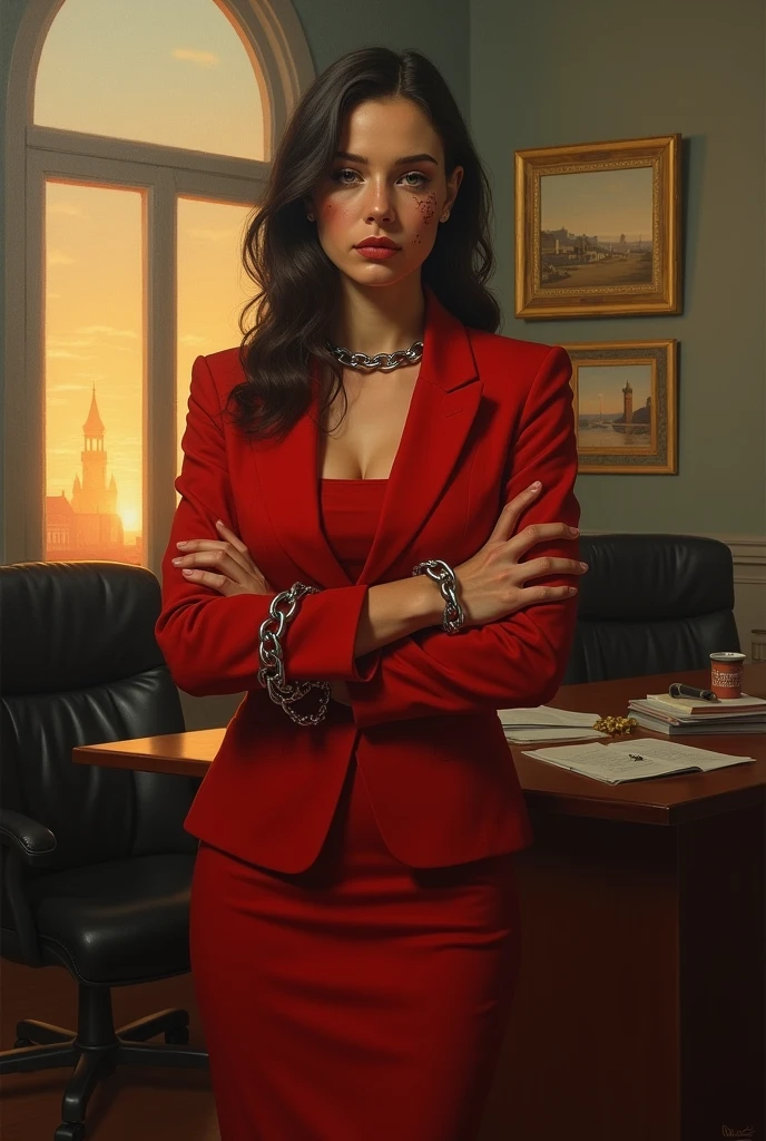 balalaica, masterpiece, Best Quality, absurdities, 1 girl, looking at the viewer, inside, Office, Sunset, Serious, Crossed arms, chair, Session, Red suit, tube skirt, shackles, (burn scar:1.5), mole under the eye, Upper part of the body