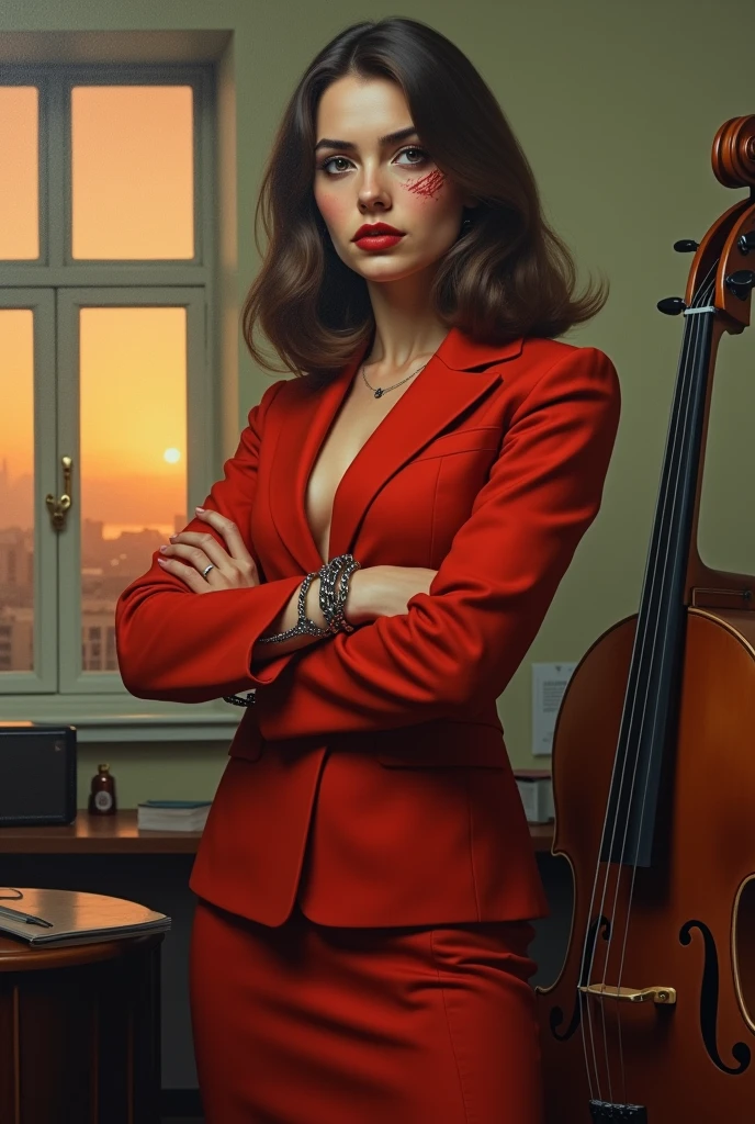 balalaica, masterpiece, Best Quality, absurdities, 1 girl, looking at the viewer, inside, Office, Sunset, Serious, Crossed arms, chair, Session, Red suit, tube skirt, shackles, (burn scar:1.5), mole under the eye, Upper part of the body