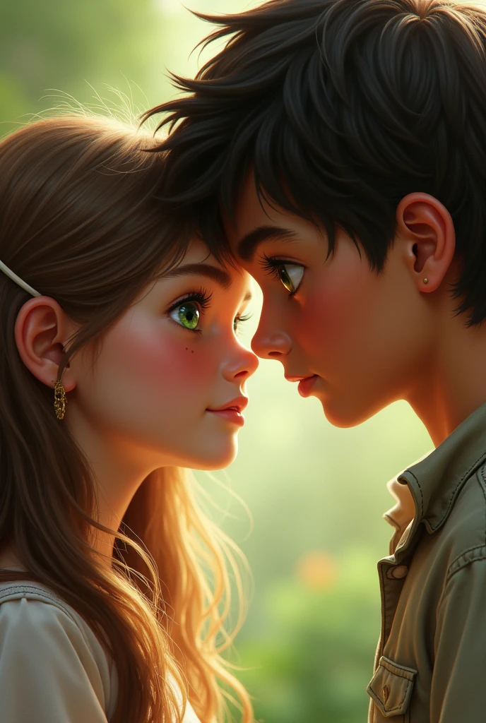create a girl with light brown hair down to her elbows, green eyes and a mole under her eye being looked at by a tanned boy with black hair, short and black eyes. 