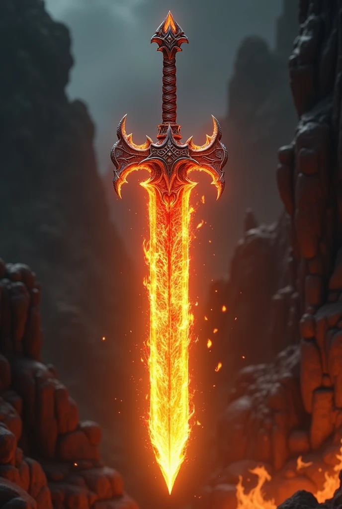 double-bladed fire sword with flaming blade and dragon scale handle