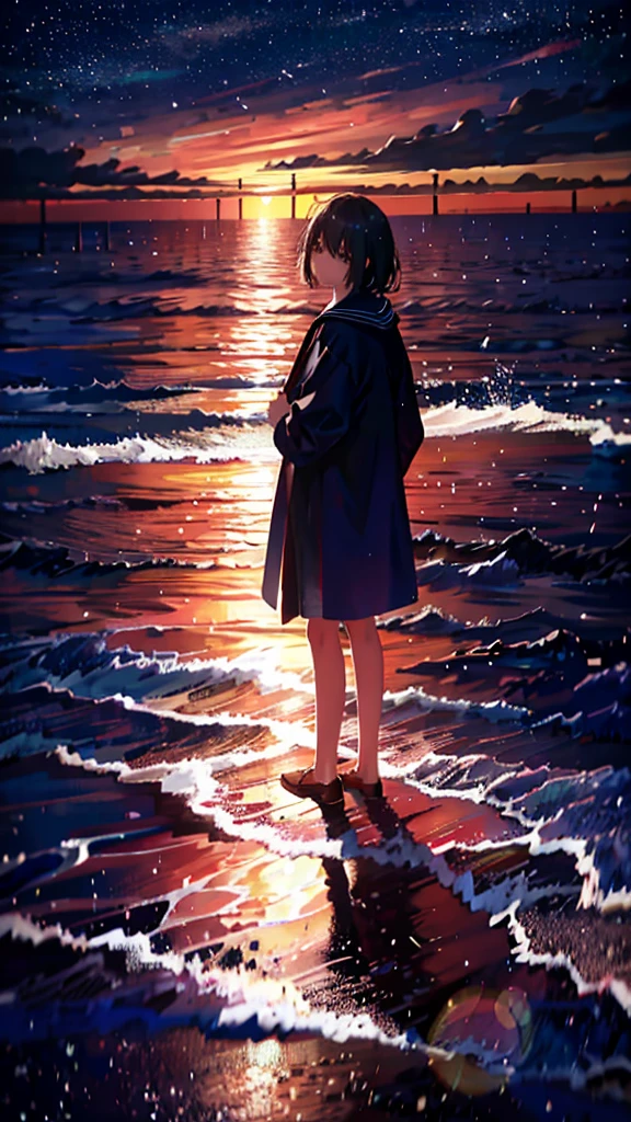 At night, Teenager standing on the beach，Look up at the starry sky，Full body photo，Delicate，pain