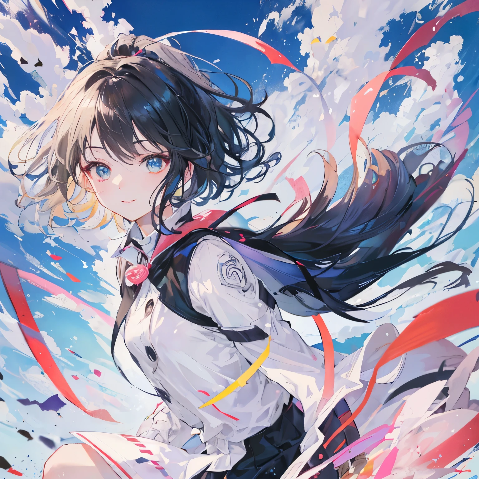 Beautiful woman, cute, A dignified expression, smile, Fleeting Expression, Transparency, ponytail, Forward Shorthair, Black Hair, Blue Hair, Silver Hair, Blonde Hair, flower, Cool, Clear sky, The wind is blowing, Gradient Hair, Ray Tracing, reflected light, Anime Style, masterpiece, Highest quality, Anatomically correct, Accurate, Super Detail, High resolution, Pink Lips, White skin, The face is facing straight ahead, not turning left or right, Head to leg, Dynamic composition, Beautiful colors