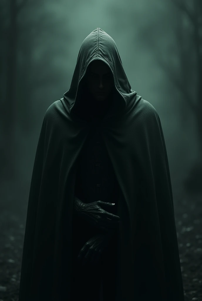 (photorealism:1.2), dark phantasy setting, man in hood, hood hides face, shadow on face, dark atmosphere, gloomy atmosphere, black and dark green colors