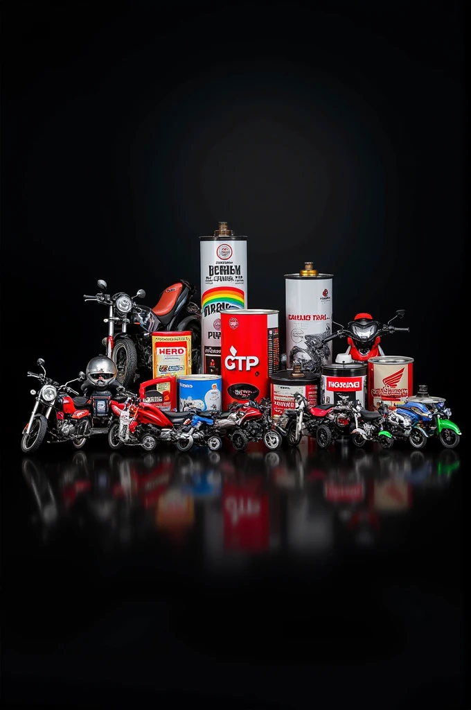 Creat a cover photo with word Meeran Lube & Parts including some bike photos and motun honda hero bajaj engine oil cans with black background