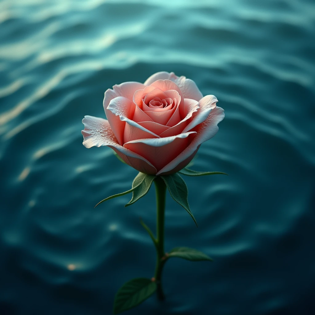 a withering rosebud sinking into the ocean, top down, close up,