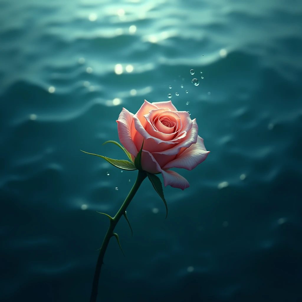 a withering rosebud sinking into the ocean, top down, close up,