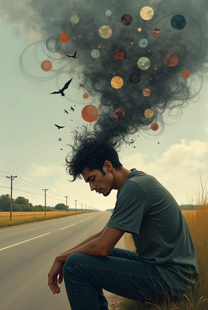A sad young man age of 24 sitting beside a road and thinking about his love life problems, family problems, uncertain career, financial problems etc. Show his thoughts top of his head.