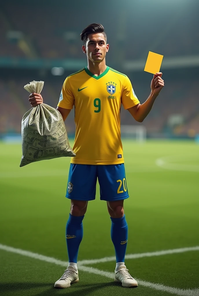 Lucas Paquetá on the pitch holding a bag of money and a yellow card in the other hand