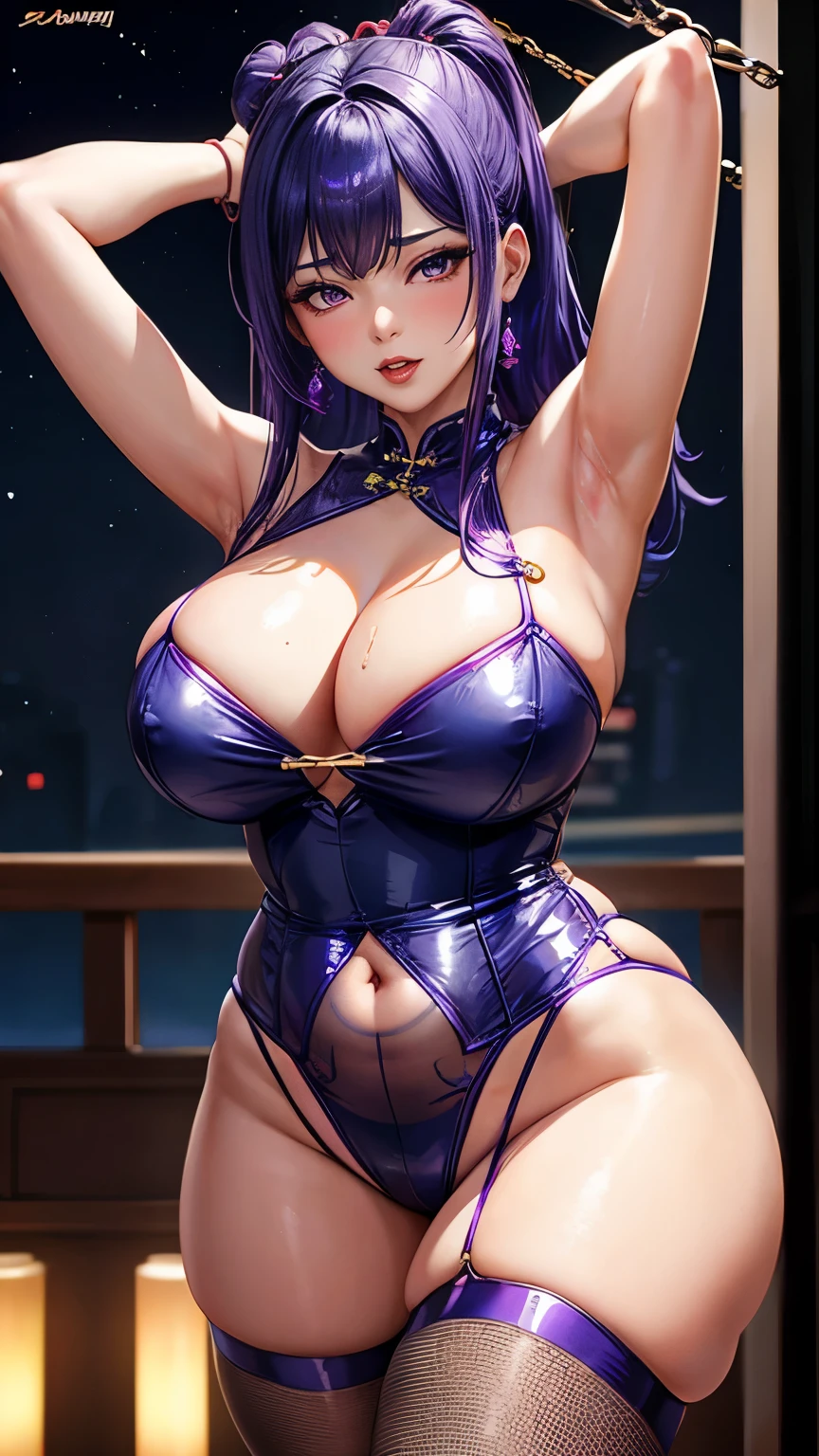 Glossy metallic blue cheongsam Chinese Idol Purple Hair Red lips Chaiborg Mature Woman Troubled expression blush cute Chubby Plump Large Breasts Office at night Ball gag Realistic Wet armpits Fishnet tights Restrained by a large number of chains