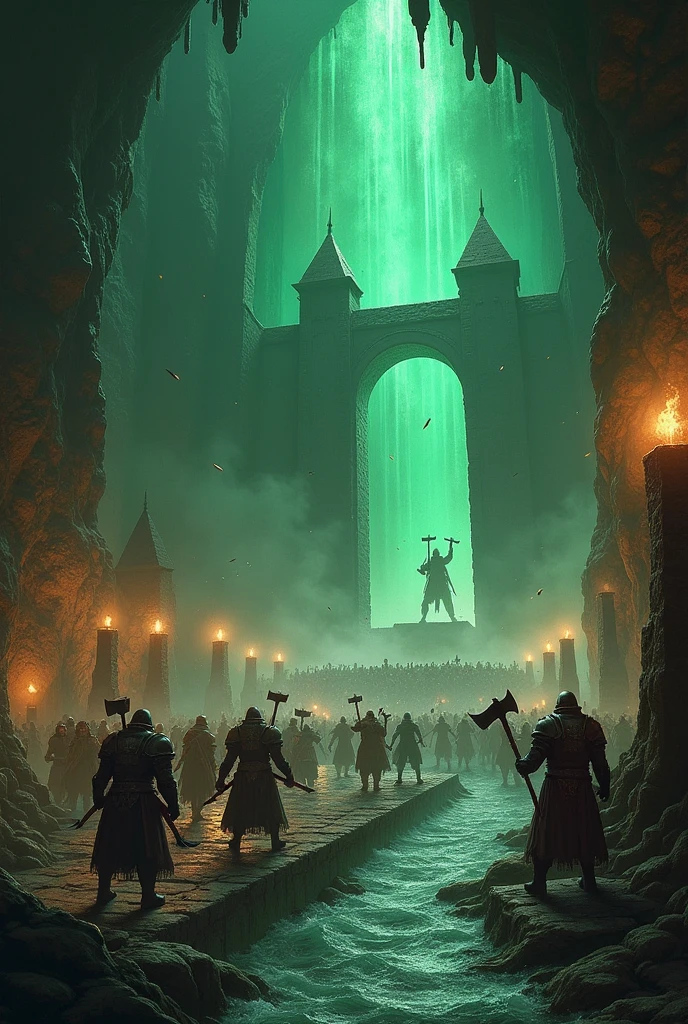 Background:

cavern: The image should show a huge underground cavern with a ceiling lost in darkness.. Use dark rock textures and a soft green glow from the crystal formations on the walls.
Lighting: Light up the cave with a combination of torches and the green glow of crystals. Shadows should be deep to create a dramatic and menacing effect..
Main Elements:

Dwarf Fortification: Em primeiro plano, show stone barricades with dwarves in heavy armor. They must be using gadgets and weapons like axes and maces. Include details like makeshift turrets and visible traps.
Orc Advance: On the other side of the image, depict the mass of orcs in a charge. They must be in the middle of a chaotic load, with dark steel weapons and brutal beasts. Orc flags must be visible and flying.
A Grande cavern do Trono:

center of picture: Coloque a Grande cavern do Trono no centro da composição, showing the hanging stalactites and piles of rubble. Use details like running water and small stone bridges over the underground river.
Underground River: Add the underground river running along the edge of the cave, with its turbulent waters reflecting the lights. Include some stone bridges to highlight strategic points.
Portal Ancestral:

Image Background: At the bottom of the cave, show the Ancestral Portal, a large stone structure with ancient runes. The portal must be half open, revealing deeper passages.
Additional Detail:

Battle Environment: Include elements such as smoke and debris flying through the air to emphasize the intensity of the battle.. Show dwarves and orcs in direct combat, with dynamic movements and expressions of effort and ferocity.
Textures and Effects: Use detailed textures for rocks and armor, and add lighting and shadow effects to increase the visual impact.
