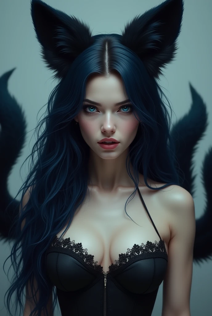 photo d'une jeune femme de 20 ans, European fair skin long blue black hair cascading over her shoulders with two black fox ears surrounding a sweet playful face with navy blue eyes full of mischief little fangs protruding from her lips. elle porte des vêtement sexy en dentelle noir. several large black fox tails protrude from his back 