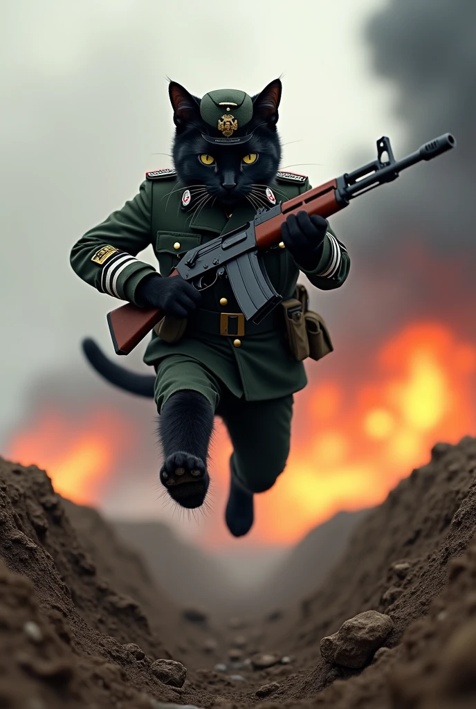 black cat in german military uniform with mp 44 shooting and jumping over a trench, explosions behind .