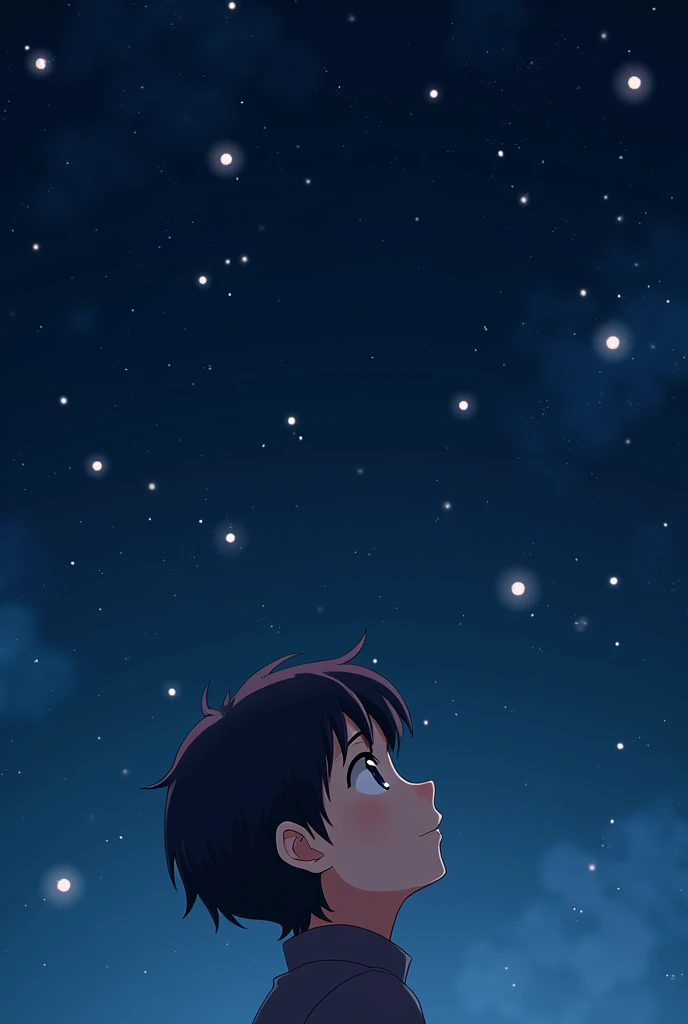 Anime boy looking upwards to stars