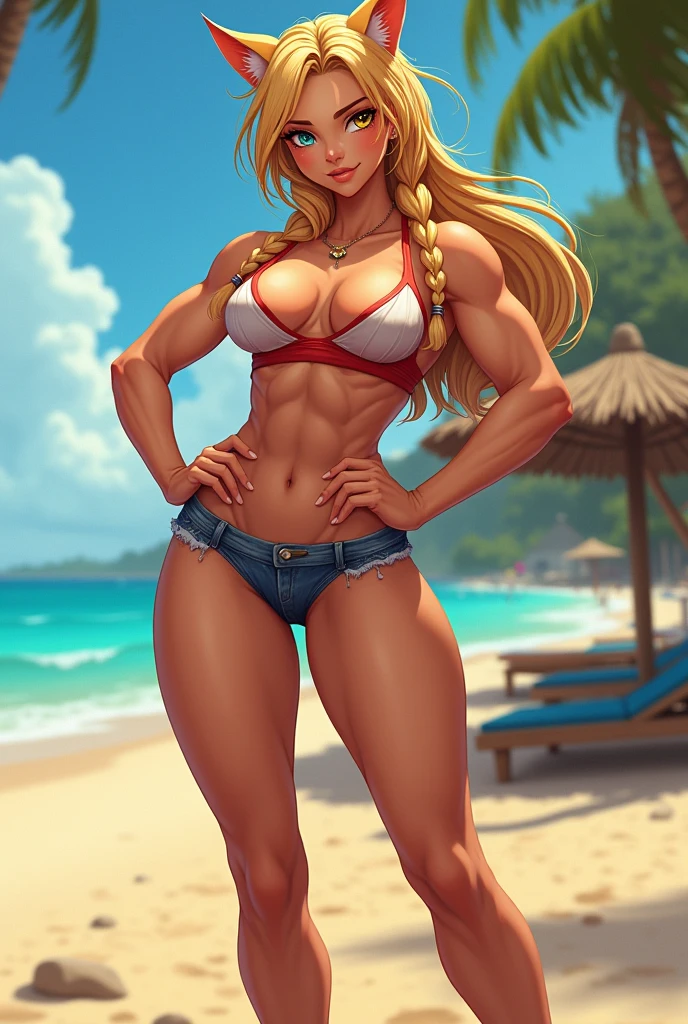 Very muscular woman body builder body of a professional fighter athletic great physical attributes tanned brown skin she has sun marks from her bra and thong panties in Vê, She is blonde with long hair with a single red fringe and has two long braids and cat ears., It has eyes of two different colors, the left one is pool blue and has a pool blue sclera, the right one is yellow and has a yellow sclera, both eyes have a cat's pupil, She is wearing very typical Brazilian clothing, a women's tank top, denim shorts and flip-flops.. Artstyle Vtuber