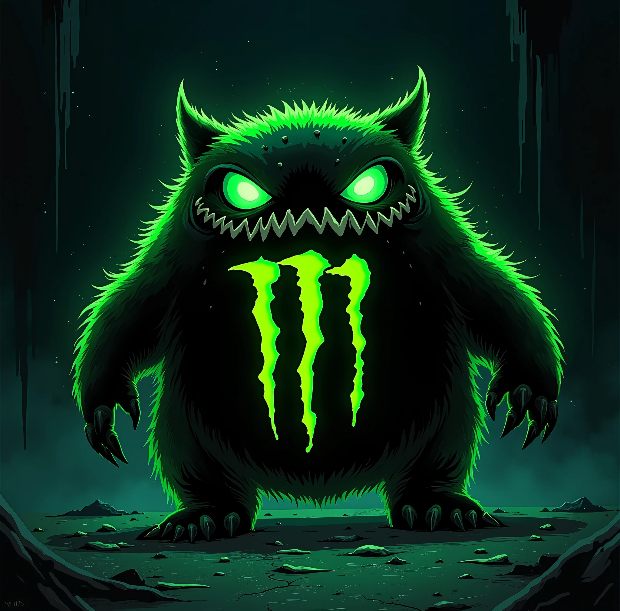 manga comic cartoon of a rounded fluorescent green-black color evil  pet, add monster energy logo , and add the text ¨Rick D´Angle ¨ to the image , totaly night view photo with ultra open wide lens photo technic